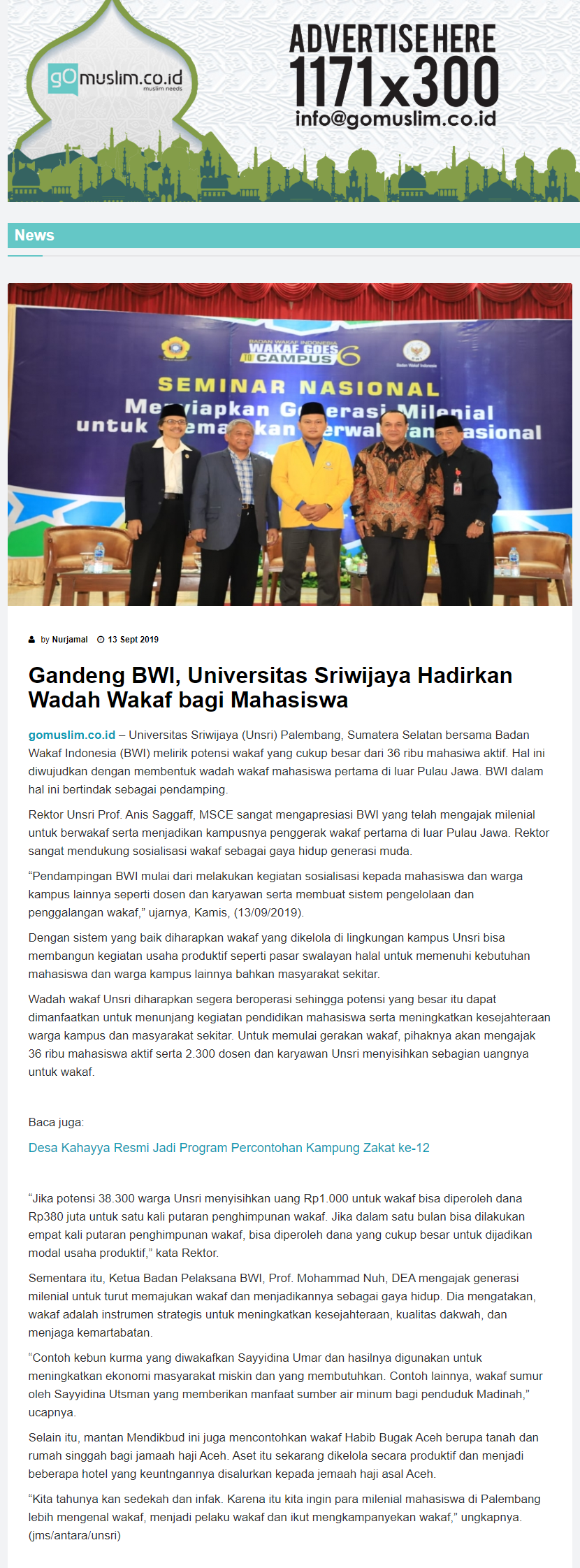 Gandeng BWI, Universitas Sriwijaya Hadirkan Wadah Wakaf Bagi Mahasiswa