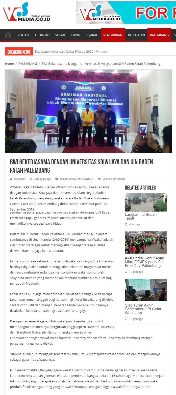 BWI Bekerjasama Dengan Universitas Sriwijaya dan UIN Raden Fatah Palembang