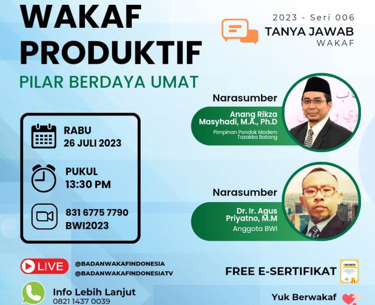 Link Tanya Jawab Wakaf online seri 06 2023:  Wakaf Produktif Pilar Berdaya Umat